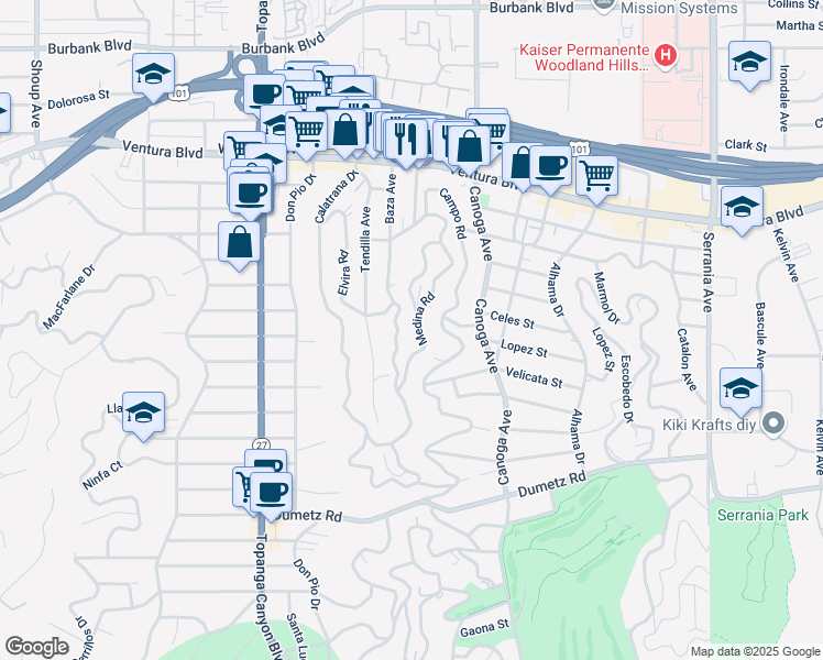 map of restaurants, bars, coffee shops, grocery stores, and more near 5177 Medina Road in Los Angeles
