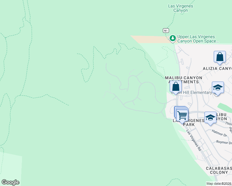 map of restaurants, bars, coffee shops, grocery stores, and more near 26951 Alsace Drive in Calabasas