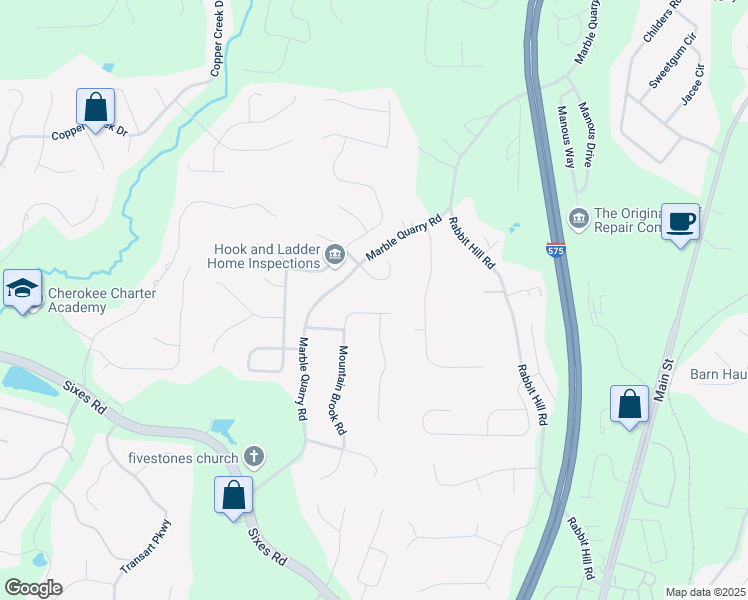 map of restaurants, bars, coffee shops, grocery stores, and more near 2590 Mountain Brook Road in Canton