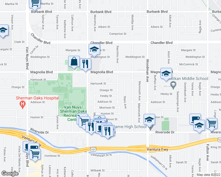 map of restaurants, bars, coffee shops, grocery stores, and more near 13927 Otsego Street in Los Angeles