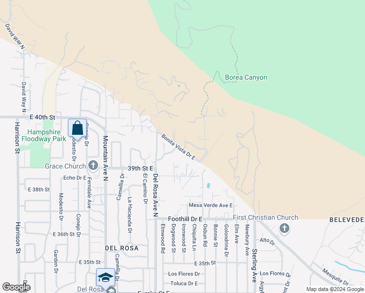 map of restaurants, bars, coffee shops, grocery stores, and more near 3930 Ironwood Street in San Bernardino