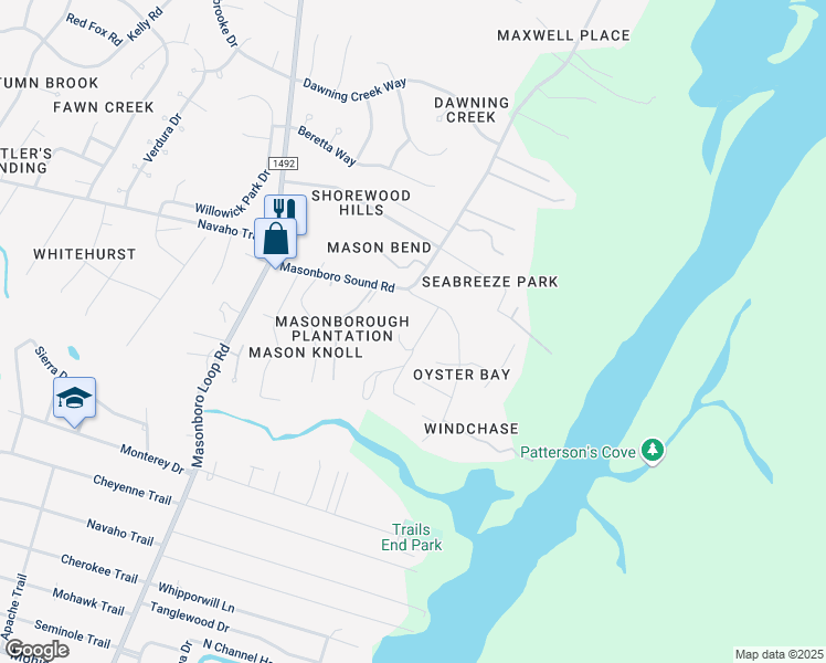 map of restaurants, bars, coffee shops, grocery stores, and more near 610 Jacobs Creek Lane in Wilmington