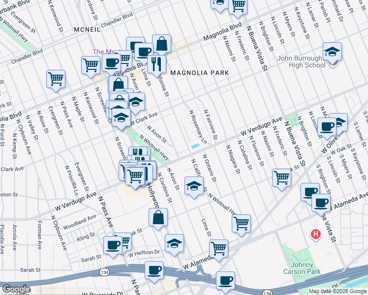 map of restaurants, bars, coffee shops, grocery stores, and more near 613 North California Street in Burbank