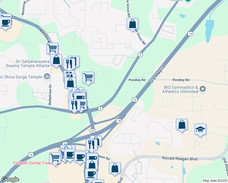 map of restaurants, bars, coffee shops, grocery stores, and more near 2055 Atlanta Highway in Cumming