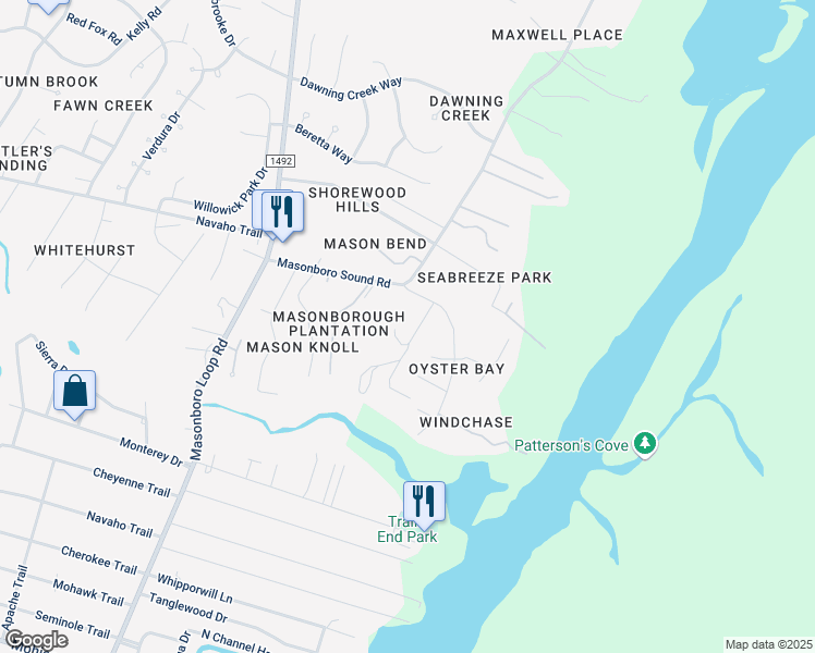 map of restaurants, bars, coffee shops, grocery stores, and more near 610 Jacobs Creek Lane in Wilmington