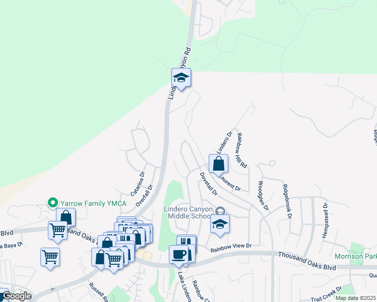 map of restaurants, bars, coffee shops, grocery stores, and more near 6045 Dovetail Drive in Agoura Hills