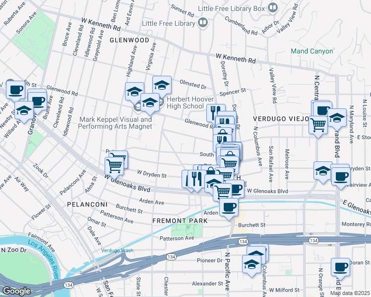 map of restaurants, bars, coffee shops, grocery stores, and more near in Glendale