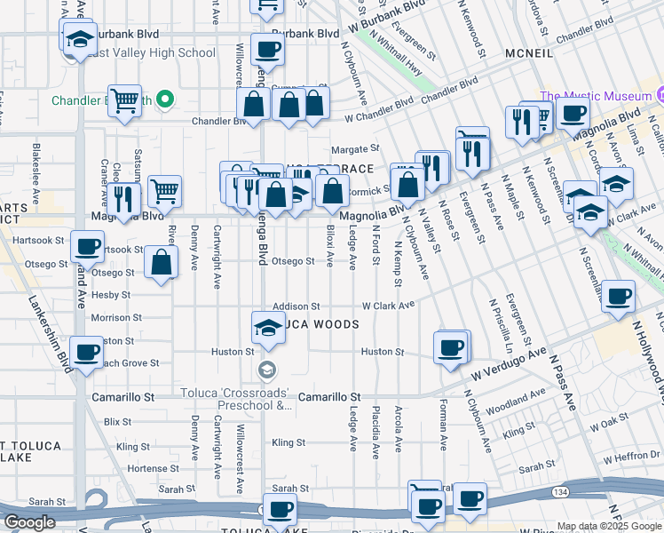 map of restaurants, bars, coffee shops, grocery stores, and more near 5056 Biloxi Avenue in Los Angeles