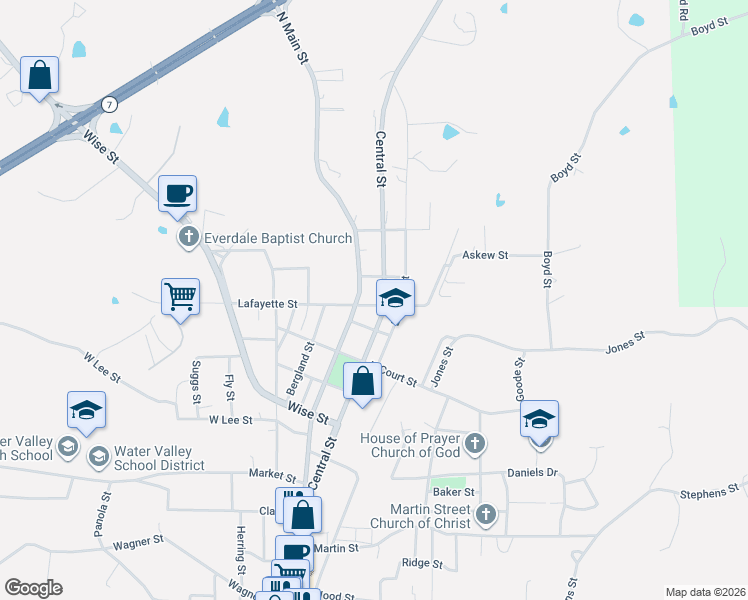map of restaurants, bars, coffee shops, grocery stores, and more near 1305 Central Street in Water Valley