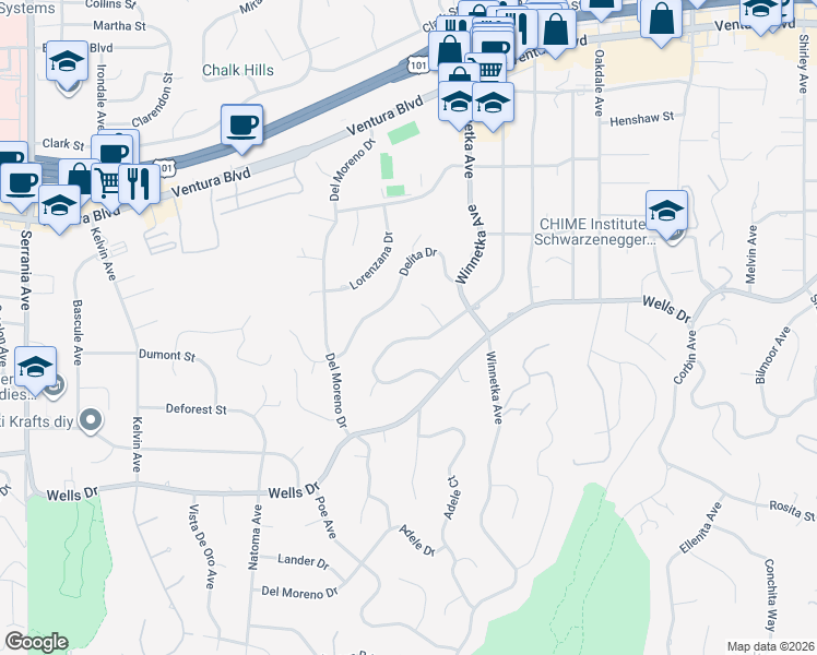 map of restaurants, bars, coffee shops, grocery stores, and more near 20161 Allentown Drive in Los Angeles