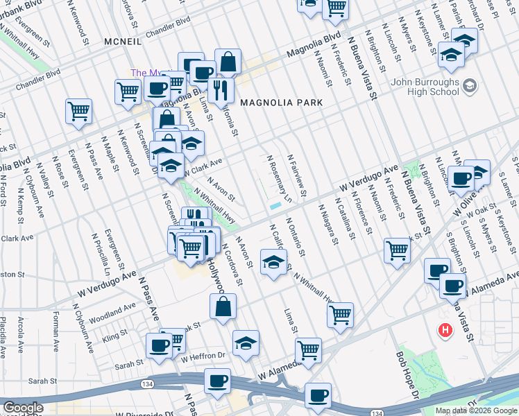 map of restaurants, bars, coffee shops, grocery stores, and more near 613 North California Street in Burbank