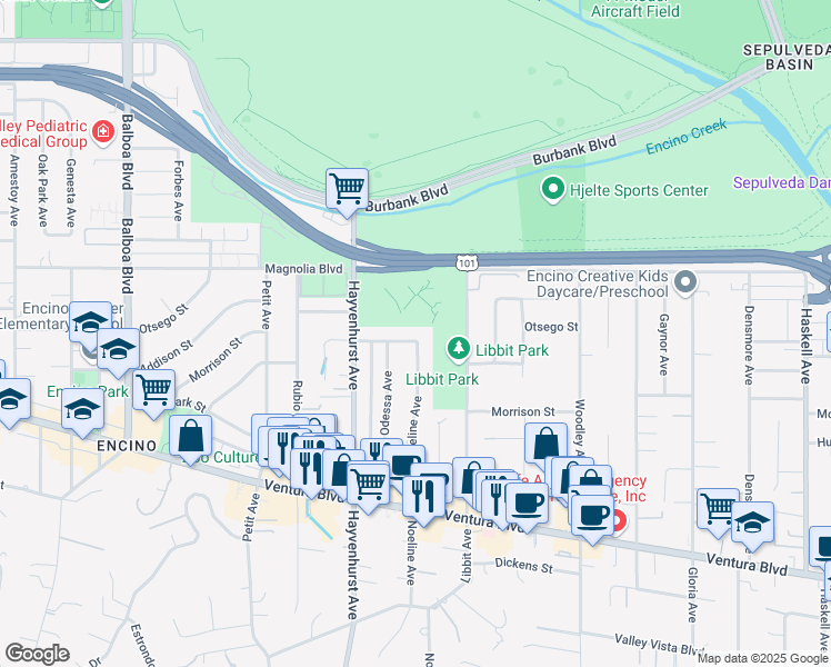 map of restaurants, bars, coffee shops, grocery stores, and more near 16405 Otsego Street in Los Angeles