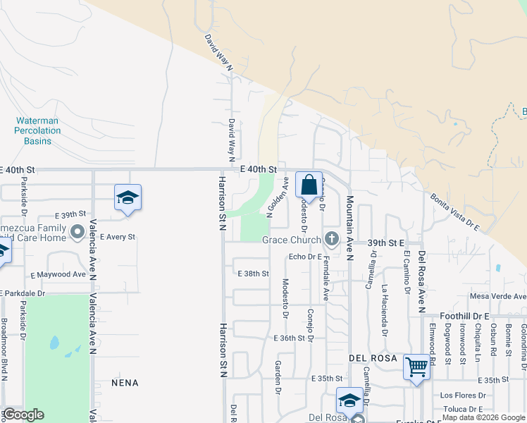 map of restaurants, bars, coffee shops, grocery stores, and more near 3936 North Golden Avenue in San Bernardino