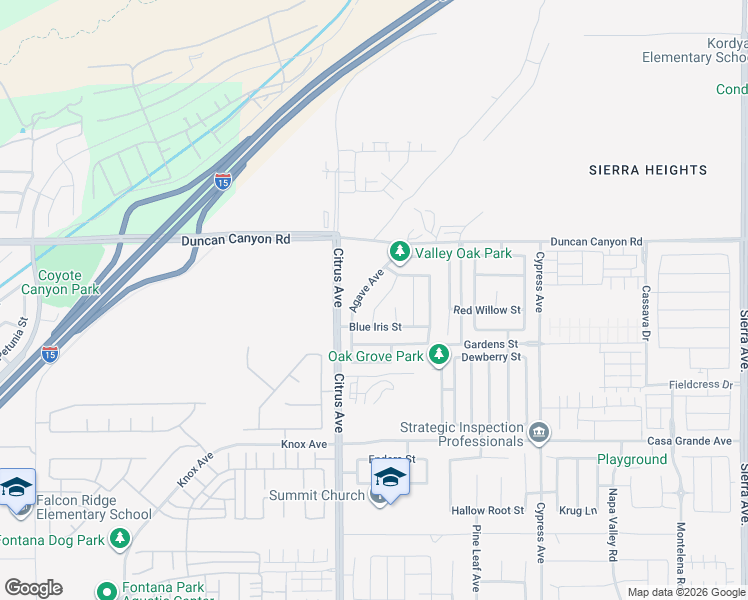 map of restaurants, bars, coffee shops, grocery stores, and more near 5049 River Ash Way in Fontana