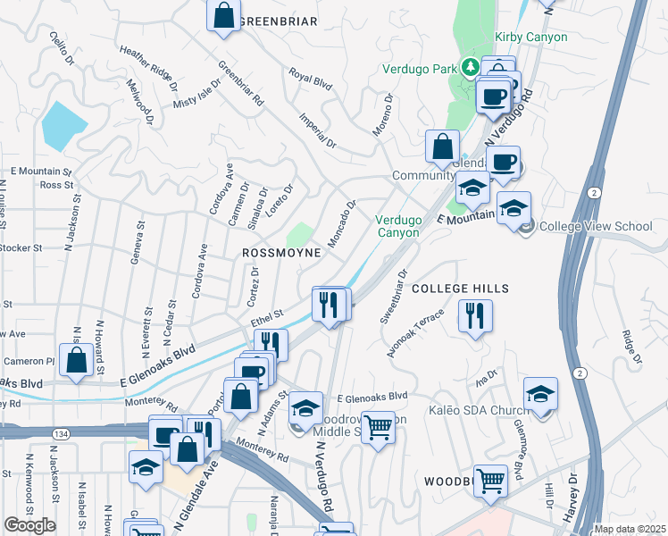 map of restaurants, bars, coffee shops, grocery stores, and more near 1229 Ethel Street in Glendale