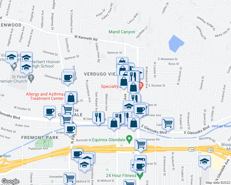 map of restaurants, bars, coffee shops, grocery stores, and more near 1137 North Central Avenue in Glendale