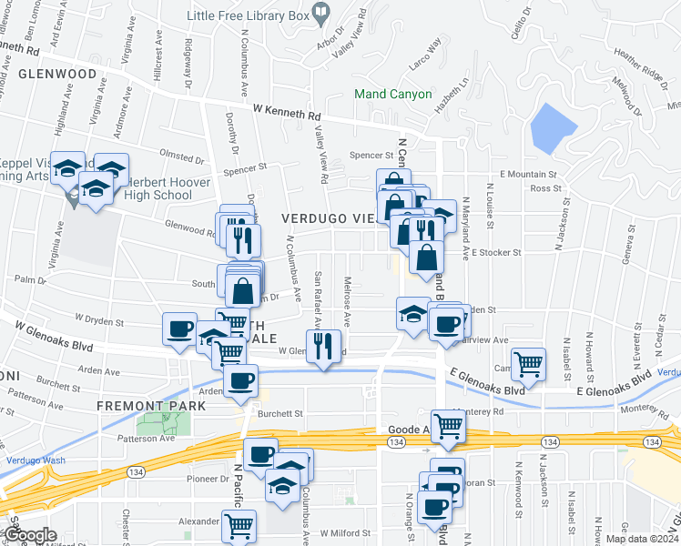 map of restaurants, bars, coffee shops, grocery stores, and more near 1125 Melrose Avenue in Glendale