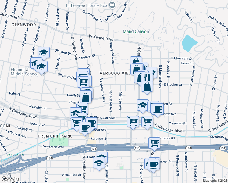 map of restaurants, bars, coffee shops, grocery stores, and more near 1125 Melrose Avenue in Glendale