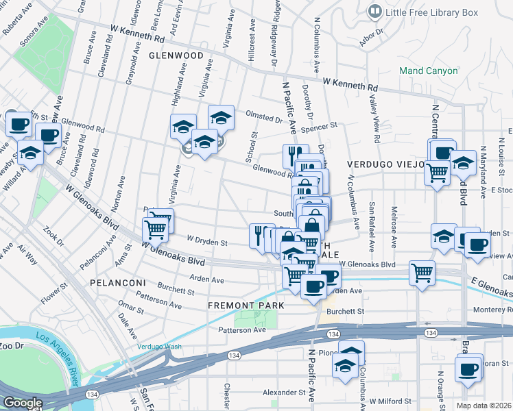 map of restaurants, bars, coffee shops, grocery stores, and more near 566 South Street in Glendale
