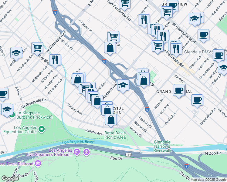 map of restaurants, bars, coffee shops, grocery stores, and more near 427 Winchester Avenue in Glendale
