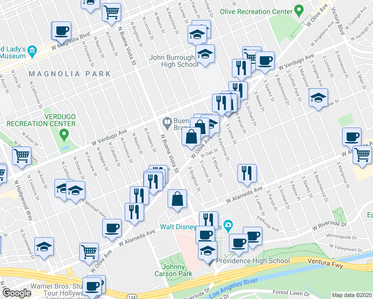 map of restaurants, bars, coffee shops, grocery stores, and more near 6 North Brighton Street in Burbank