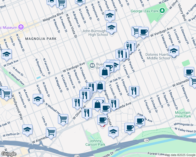 map of restaurants, bars, coffee shops, grocery stores, and more near 6 North Brighton Street in Burbank