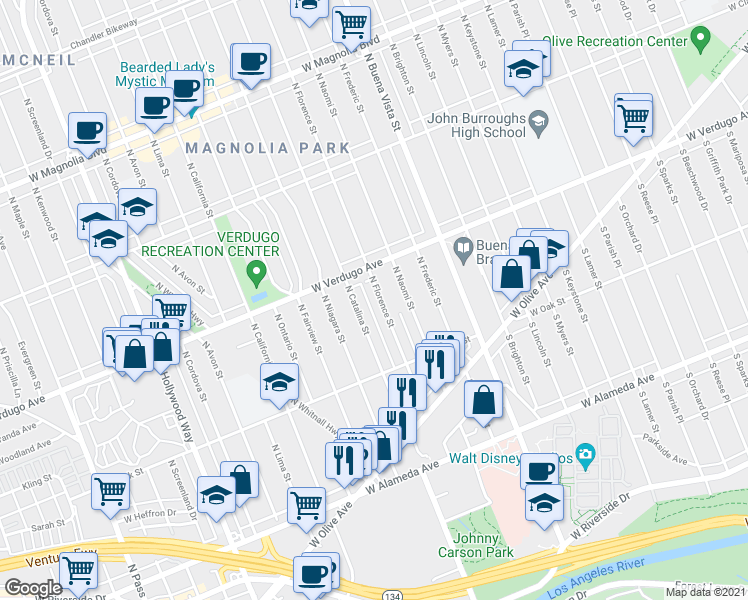 map of restaurants, bars, coffee shops, grocery stores, and more near 414 North Catalina Street in Burbank