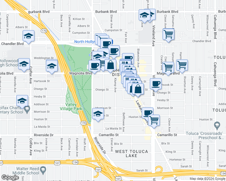 map of restaurants, bars, coffee shops, grocery stores, and more near 5066 Klump Avenue in Los Angeles