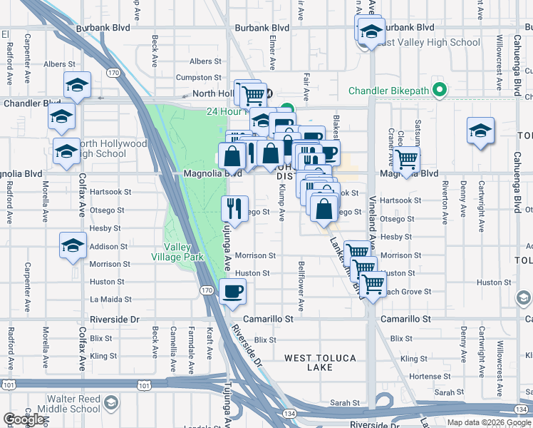 map of restaurants, bars, coffee shops, grocery stores, and more near 5060 Bakman Avenue in Los Angeles