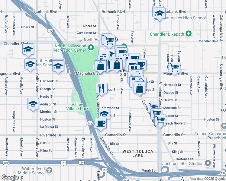 map of restaurants, bars, coffee shops, grocery stores, and more near 5060 Bakman Avenue in Los Angeles