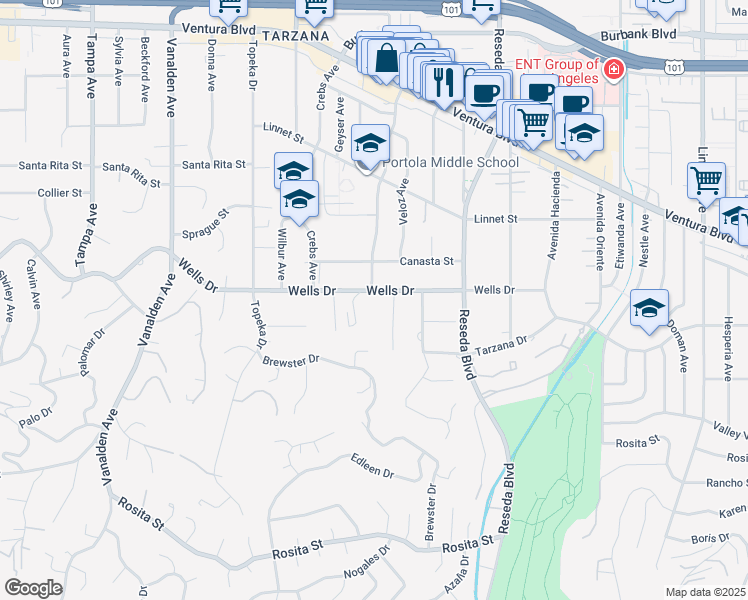 map of restaurants, bars, coffee shops, grocery stores, and more near 18800 Wells Drive in Los Angeles