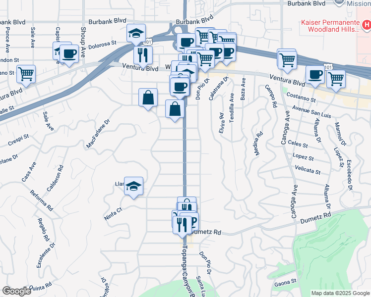 map of restaurants, bars, coffee shops, grocery stores, and more near 22014 Martinez Street in Los Angeles