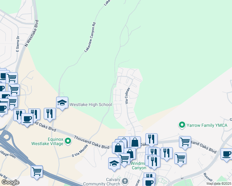 map of restaurants, bars, coffee shops, grocery stores, and more near 953 Via Colinas in Westlake Village