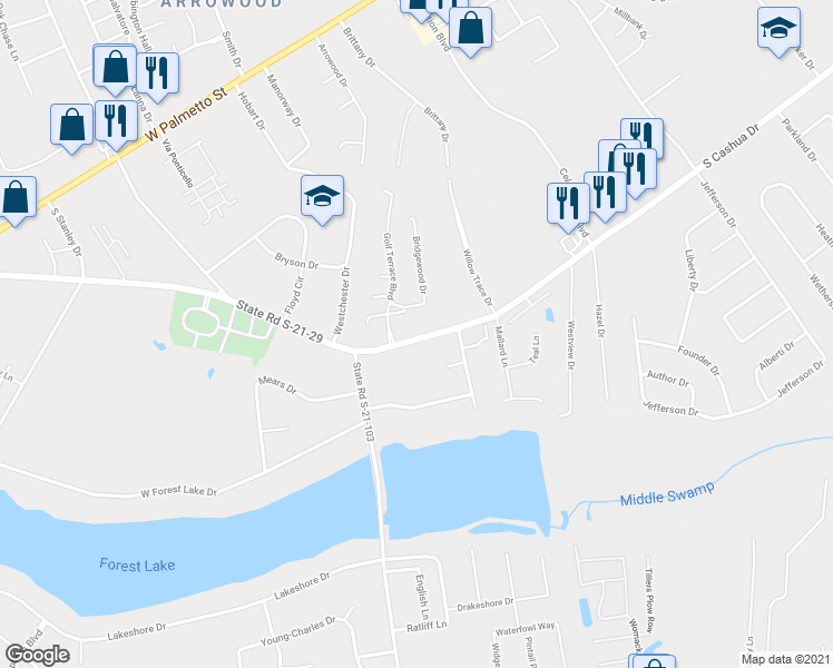 map of restaurants, bars, coffee shops, grocery stores, and more near 3138 South Cashua Drive in Florence