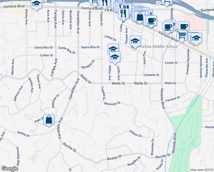 map of restaurants, bars, coffee shops, grocery stores, and more near 18938 Wells Drive in Los Angeles