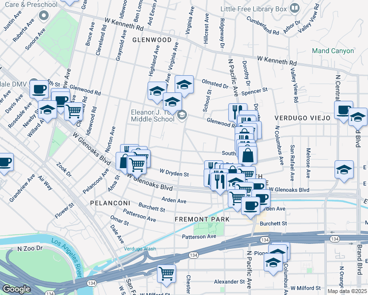 map of restaurants, bars, coffee shops, grocery stores, and more near 623 South Street in Glendale