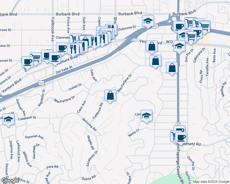 map of restaurants, bars, coffee shops, grocery stores, and more near 22390 Macfarlane Drive in Los Angeles