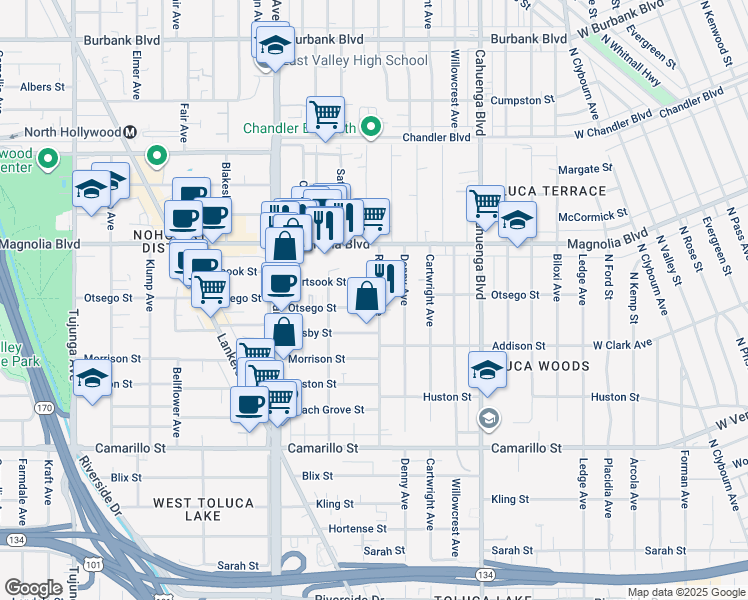 map of restaurants, bars, coffee shops, grocery stores, and more near 10803 Otsego Street in Los Angeles