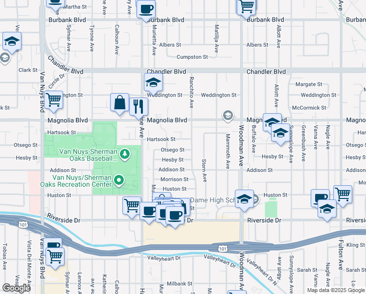 map of restaurants, bars, coffee shops, grocery stores, and more near 13938 Otsego Street in Los Angeles