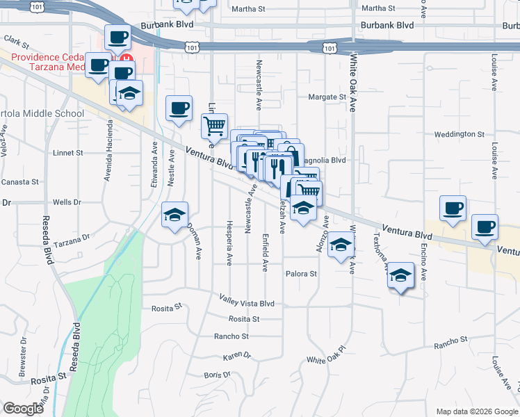 map of restaurants, bars, coffee shops, grocery stores, and more near 5119 Enfield Avenue in Los Angeles