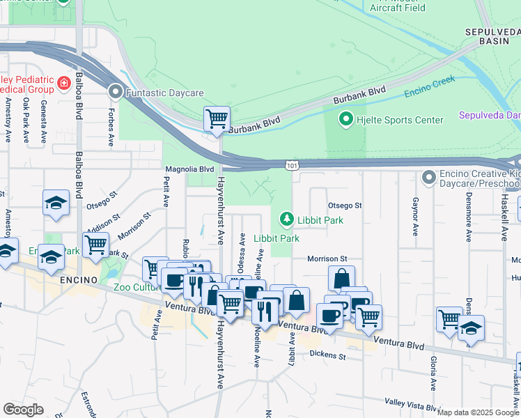 map of restaurants, bars, coffee shops, grocery stores, and more near 16405 Otsego Street in Los Angeles