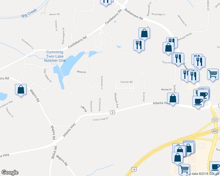 map of restaurants, bars, coffee shops, grocery stores, and more near 3046 Kentmere Drive in Cumming