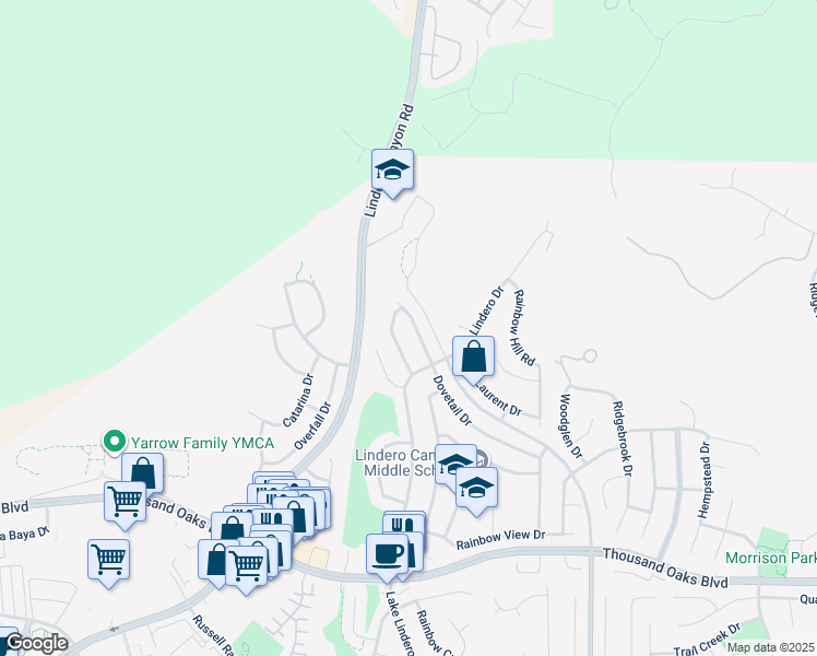 map of restaurants, bars, coffee shops, grocery stores, and more near 6045 Dovetail Drive in Agoura Hills