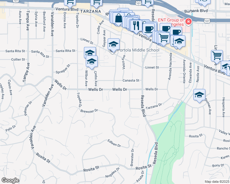 map of restaurants, bars, coffee shops, grocery stores, and more near 18760 Wells Drive in Los Angeles
