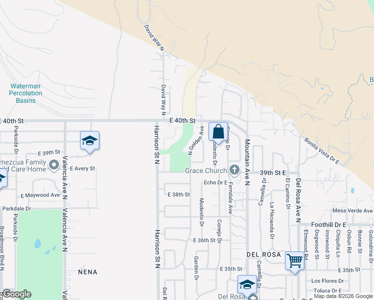 map of restaurants, bars, coffee shops, grocery stores, and more near 3936 North Golden Avenue in San Bernardino