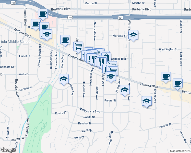 map of restaurants, bars, coffee shops, grocery stores, and more near 5119 Enfield Avenue in Los Angeles