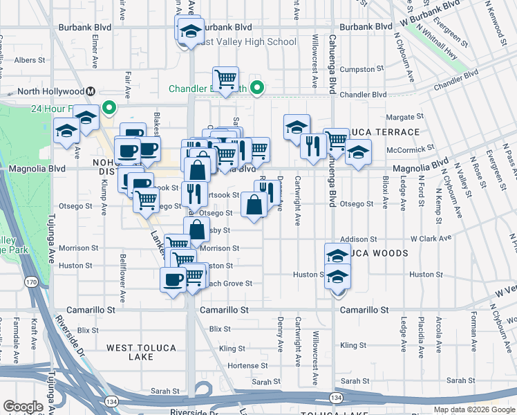 map of restaurants, bars, coffee shops, grocery stores, and more near 10803 Otsego Street in Los Angeles