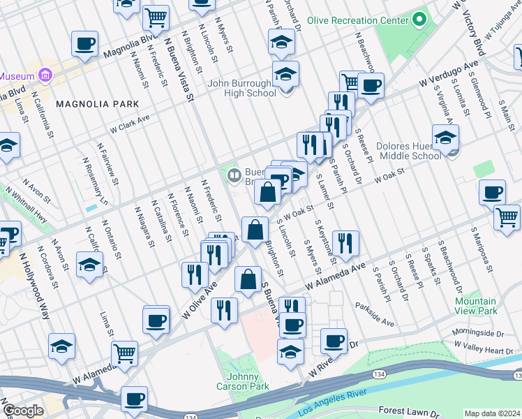map of restaurants, bars, coffee shops, grocery stores, and more near 124 North Brighton Street in Burbank