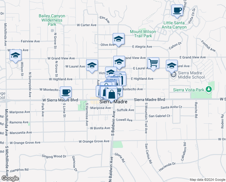 map of restaurants, bars, coffee shops, grocery stores, and more near 2 North Baldwin Avenue in Sierra Madre