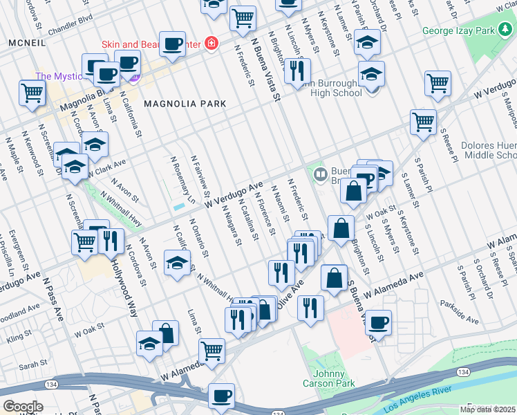 map of restaurants, bars, coffee shops, grocery stores, and more near 341 North Florence Street in Burbank
